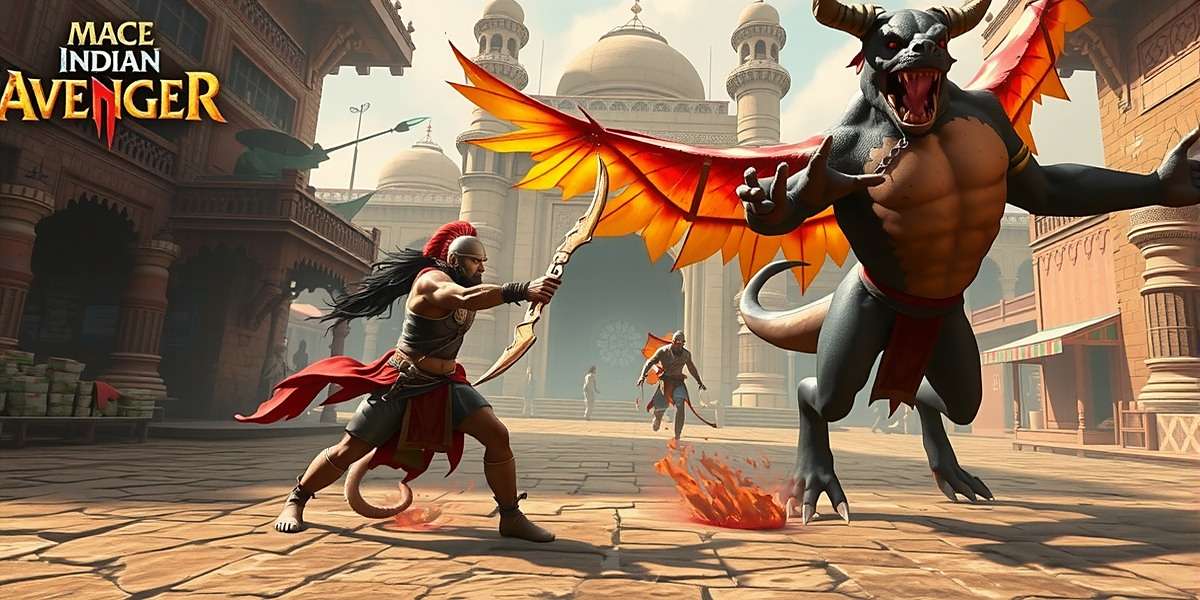 Mace Indian Avenger Combat Gameplay Mace Indian Avenger gameplay screenshot showing intense combat between a warrior and mythical creatures in a marketplace inspired by ancient Delhi